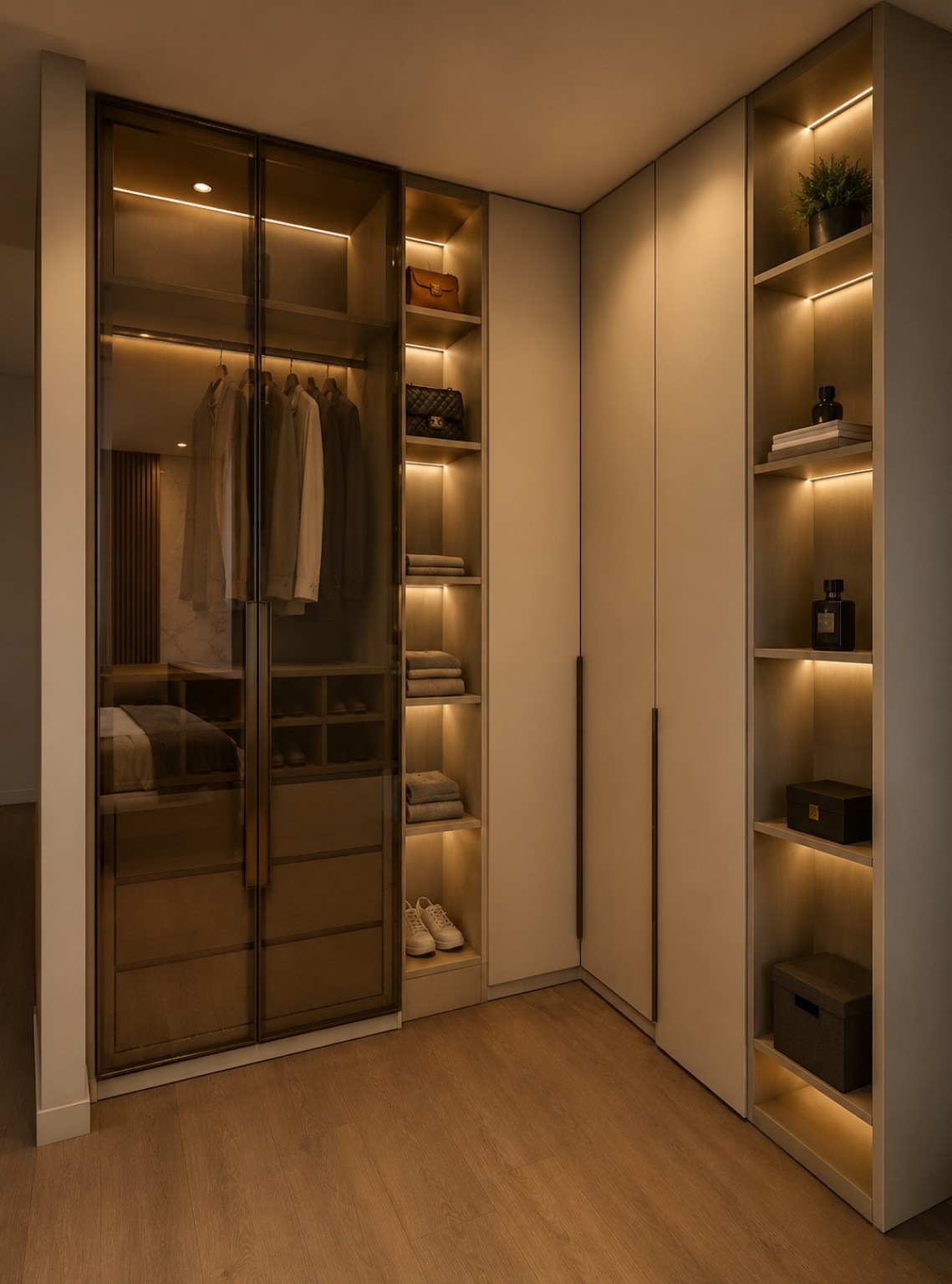 Closet com portas de vidro e nichos iluminados