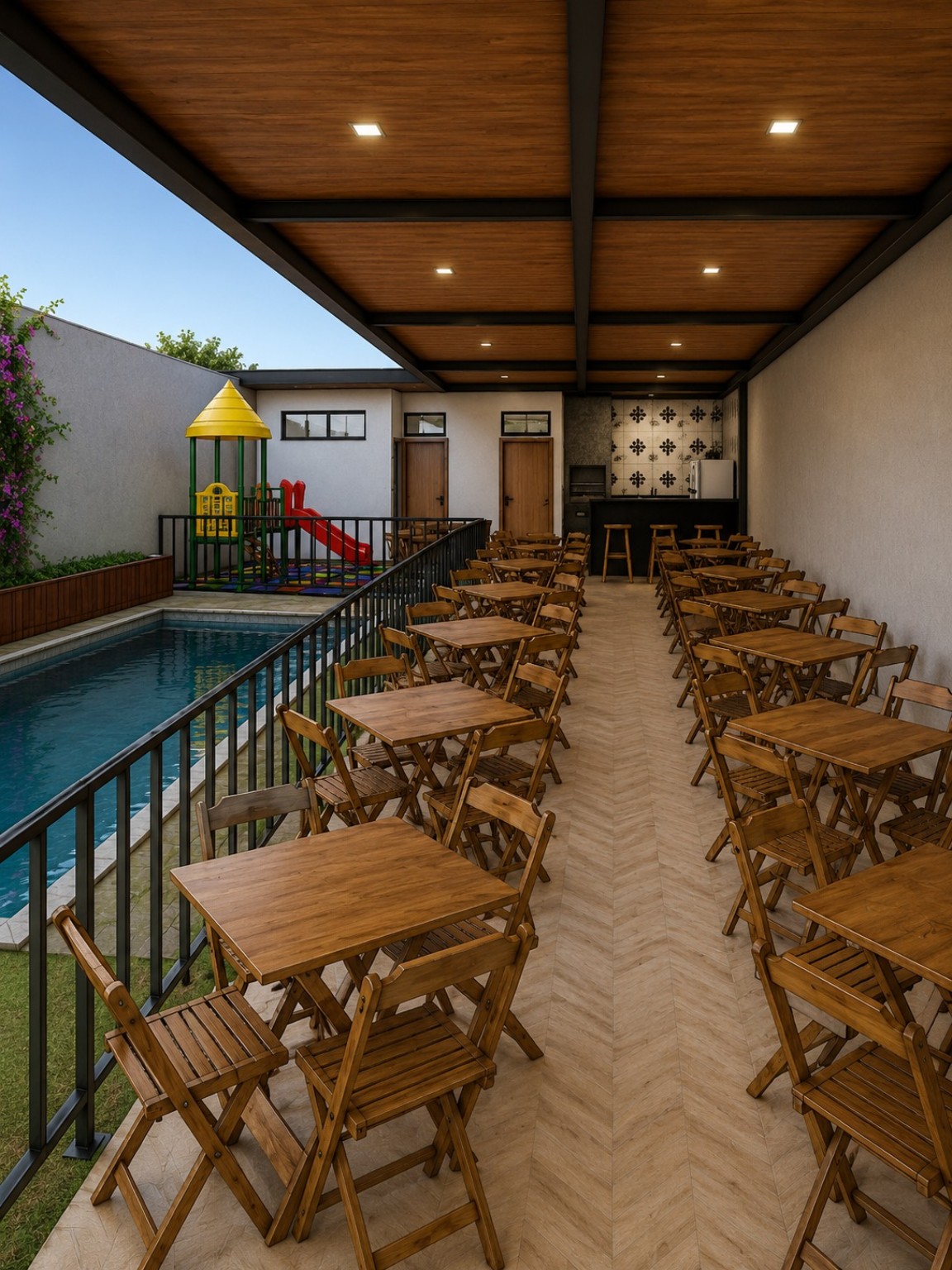Espaço coberto com mesas em madeira junto à piscina