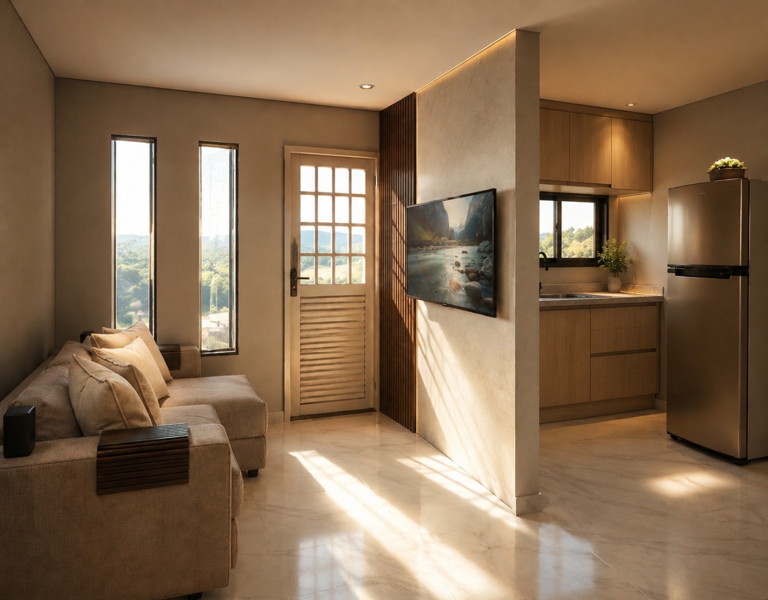 Sala de estar e cozinha com painel de TV e luz natural