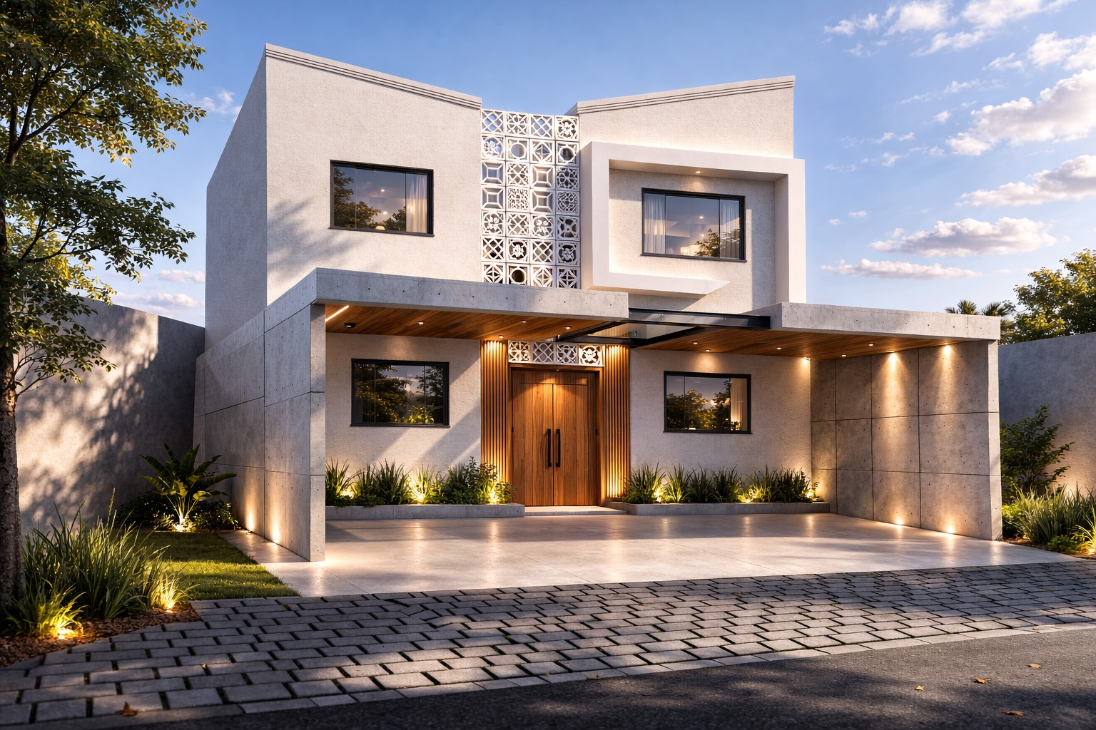 Perspectiva 3D da fachada residencial, com concreto, madeira, cobogós e iluminação acolhedora