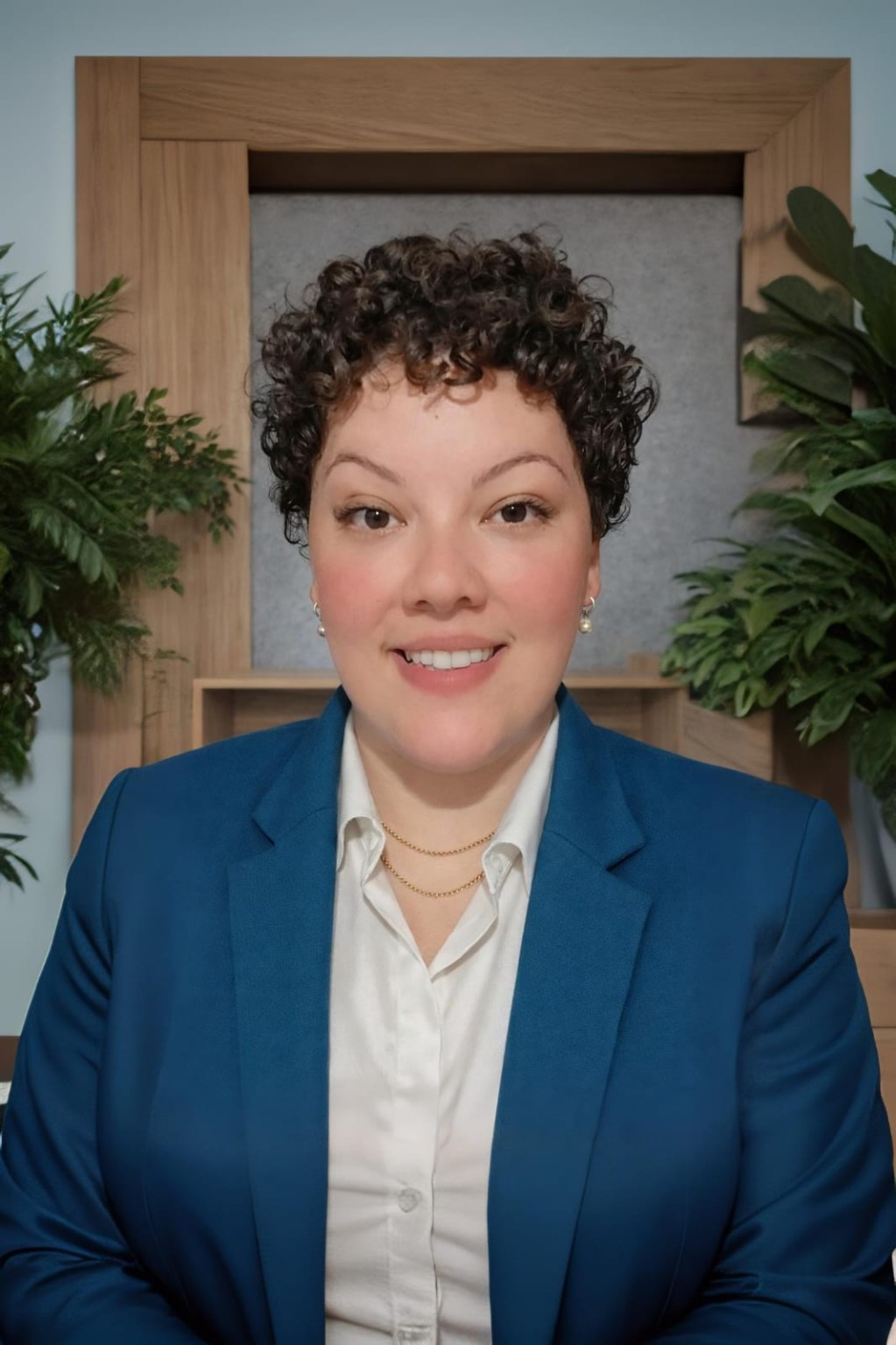 Larissa Dias, arquiteta e urbanista, de blazer azul