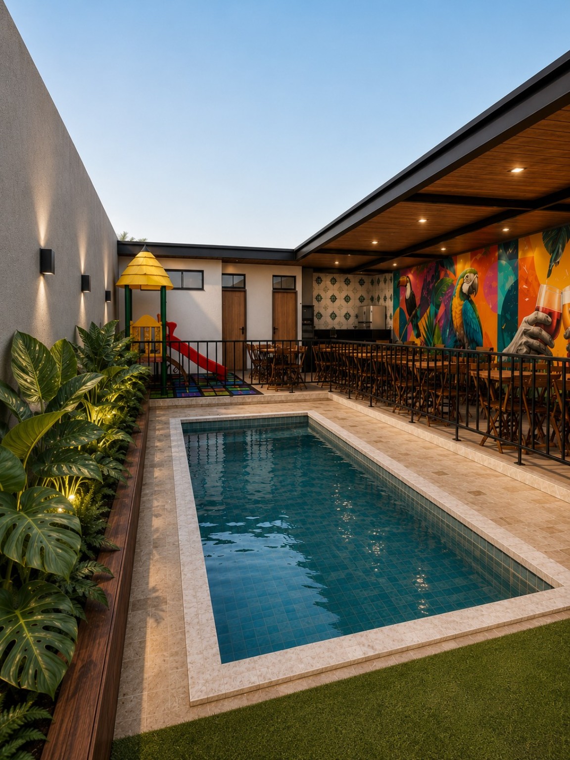 Piscina junto à vegetação, espaço gourmet e playground
